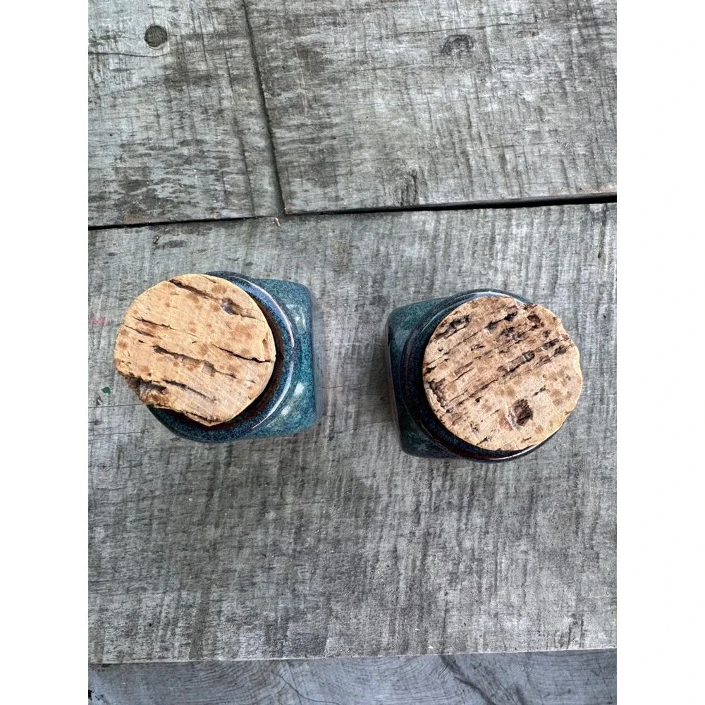 Vintage 1997 Signed Studio Pottery Teal Glaze Leaf Spice Jars with Cork Set of 2